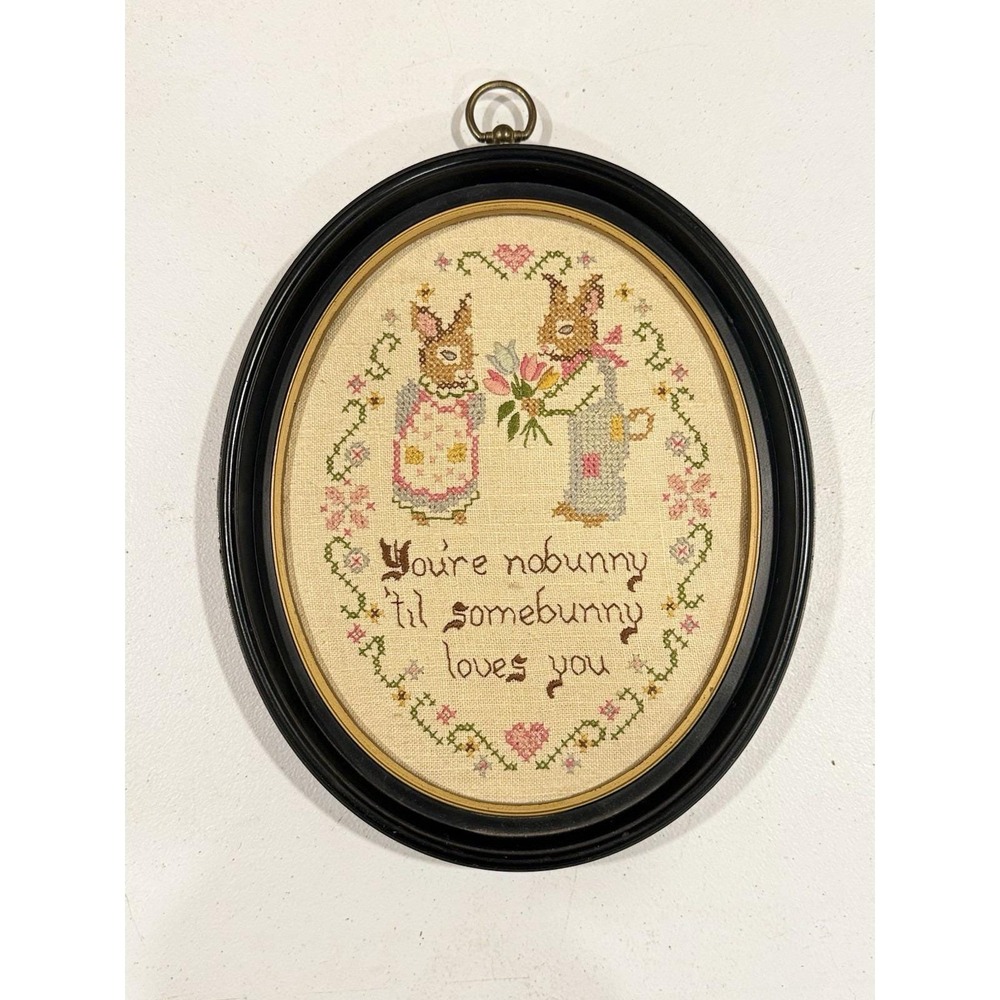 VTG Completed Oval Framed Cross Stitch Bunny Sampler Bunny Rabbit Love & Flowers